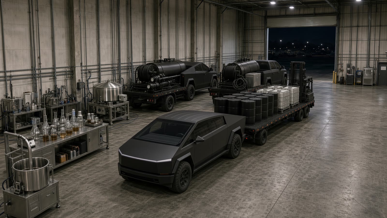Both trucks lined up in the bay, each with an 8-foot trailer, and a loaded 16-foot trailer with a forklift in the back right