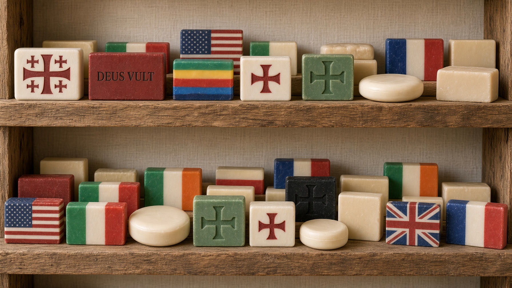Two shelves of small mixed bars: a cross, flags, a layered bar, an oval, and rounds