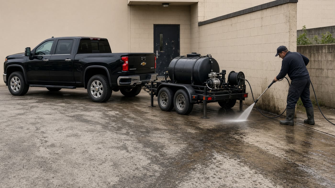 A restaurant service drive being pressure-washed